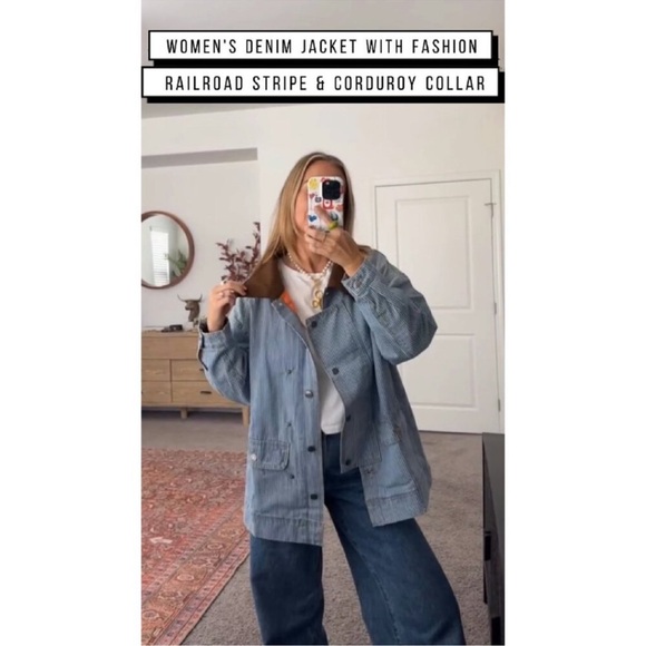 Oversized Denim Jacket with Corduroy Collar, Button Down, Long Sleeve new - Picture 9 of 10